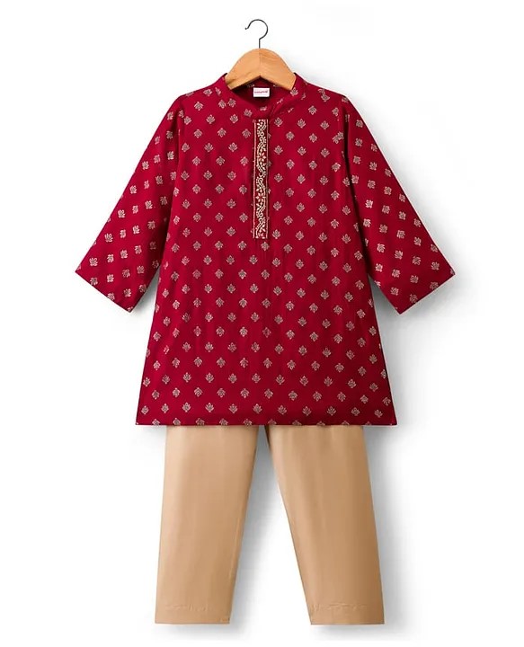 Babyhug Woven Full Sleeves Floral Foil Printed Kurta Pajama Set- Maroon